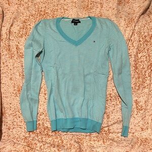 Tommy Hilfiger Teal and White Striped Sweater